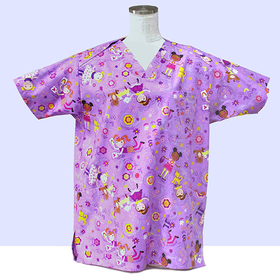 可愛いシリーズ ラブリー女の子柄スクラブ 紫 モンサラット スクラブ通販サイト ハワイアンスクラブ 白衣 介護ユニフォーム